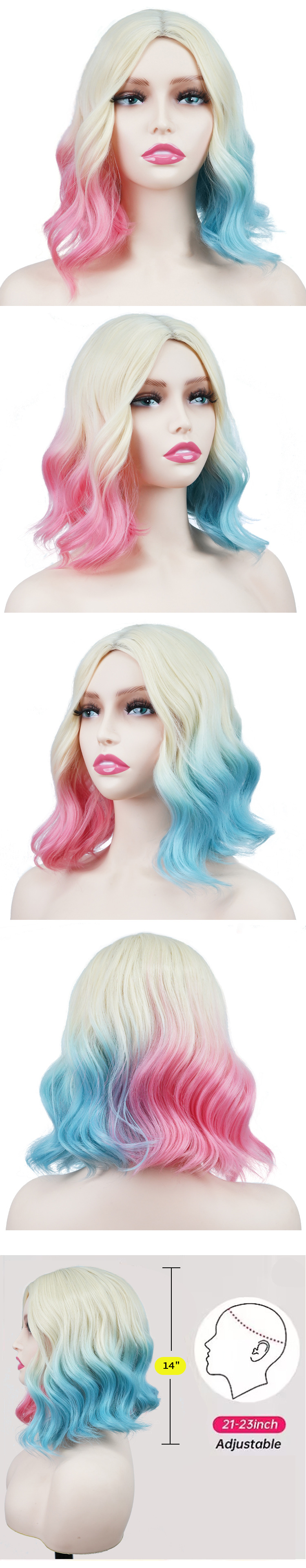 Perruque synthétique en fibre de cosplay pour Halloween, cheveux courts et bouclés colorés, ensemble de tête complète_voghion.com