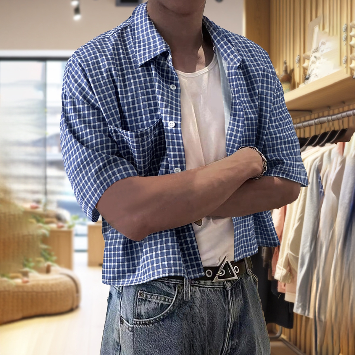 Cross-Border Men's Off-Shoulder Summer New Small Plaid Short-Sleeved Shirt Men's Fashion Thin Jacket Top Loose and Casual