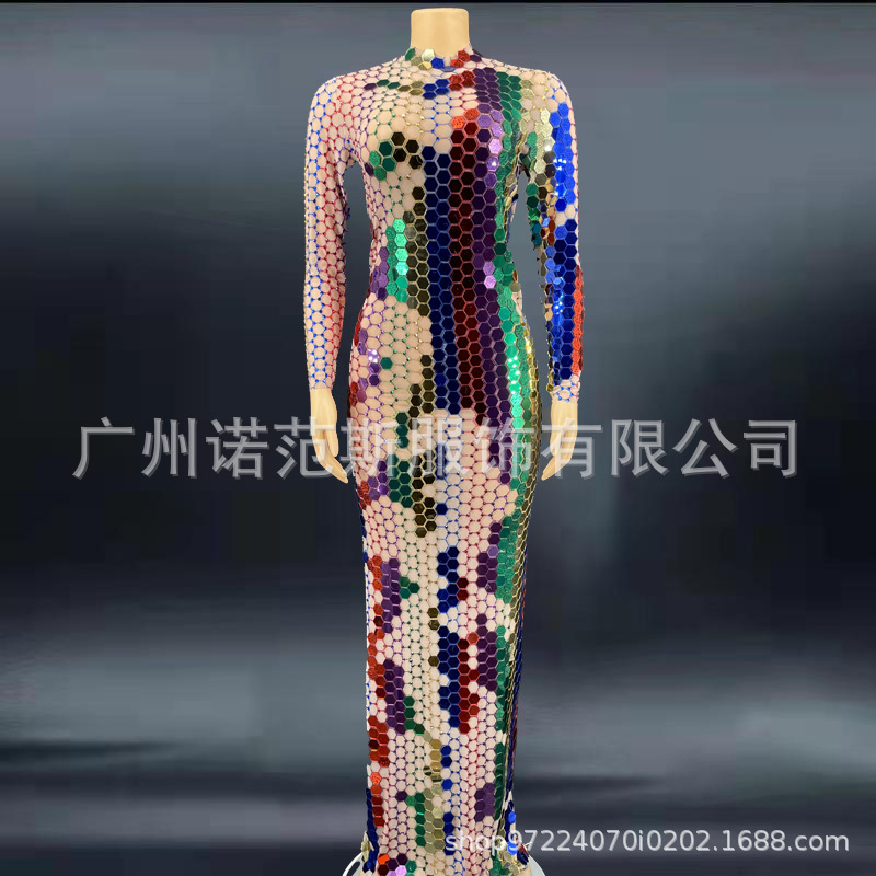 Costume Colorful Hexagon Sequins High Quality Cocktail Dress Long Elegant Evening Dress African Slim Fit