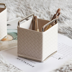 Nordic ins style woven leather pattern storage box makeup brush pen holder headband small items metal frame desktop organization
