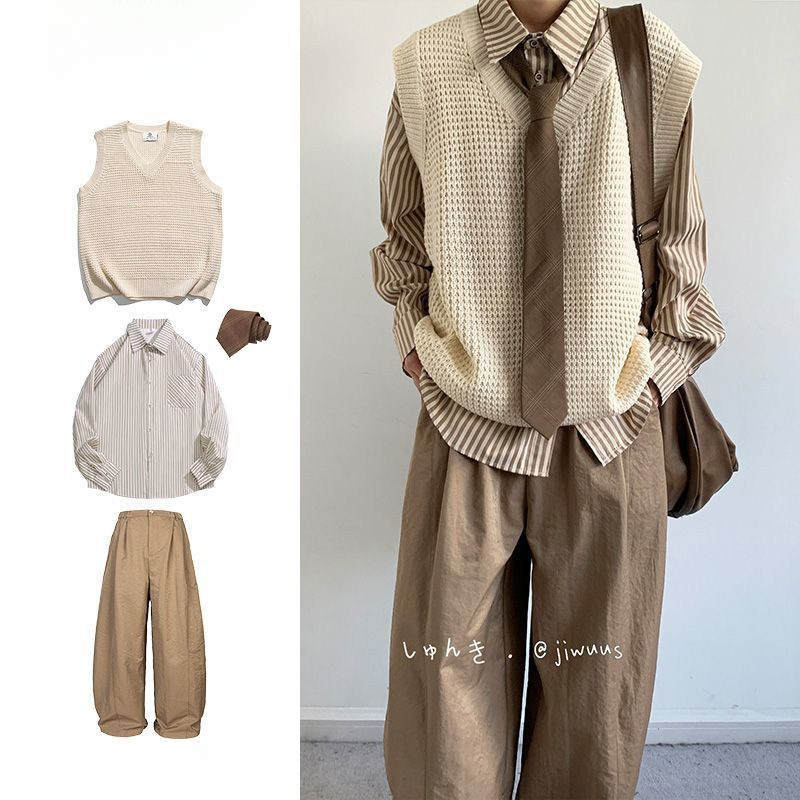 Four-piece set/Japanese retro knitted vest for men, autumn college style, solid color collar, sleeveless casual vest set