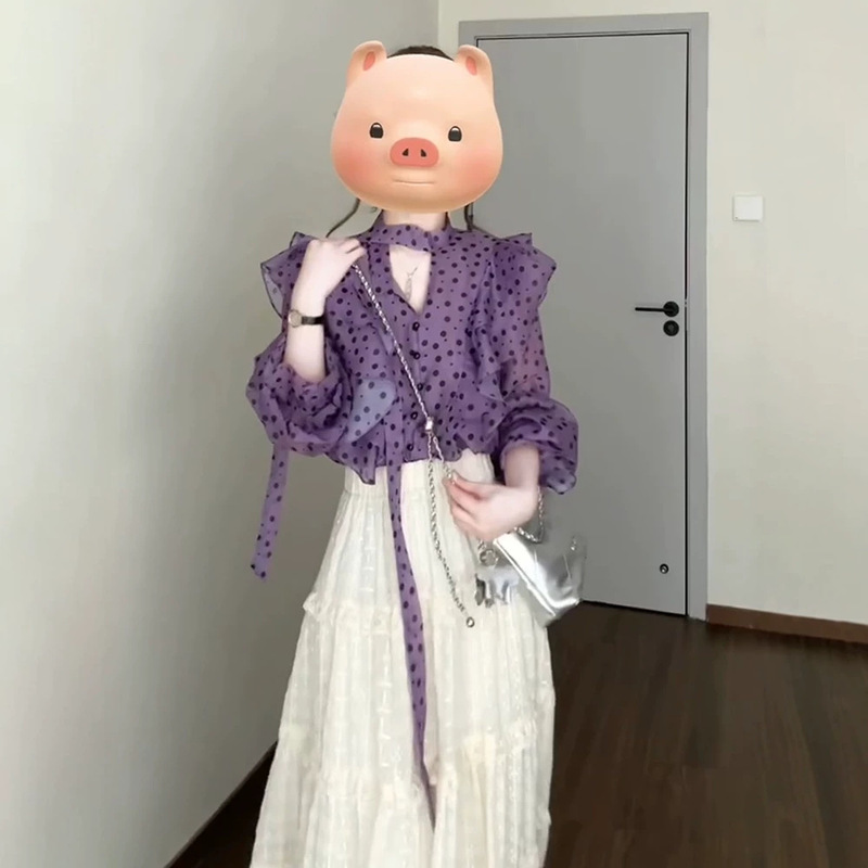 Purple Ruffled Long-Sleeved Chiffon Shirt for Women 2025 Autum New High-End Puff-Sleeved French Polka-Dot Top Purple Ruffled Long-Sleeved Chiffon Shirt for Women 2025 Autum New High-End Puff-Sleeved French Polka-Dot Top