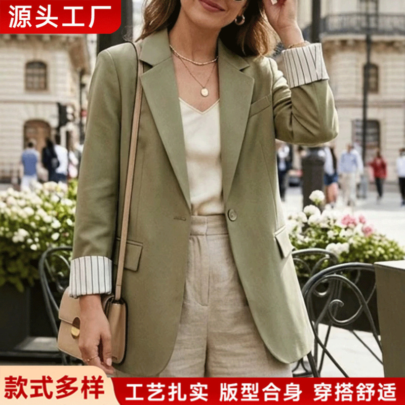Spring and Autumn New Cross-Border Style Striped Cuff Patchwork Blazer for Women, European and American Commuter Casual Solid Color Blazer Jacket Spring and Autumn New Cross-Border Style Striped Cuff Patchwork Blazer for Women, European and American Commuter Casual Solid Color Blazer Jacket