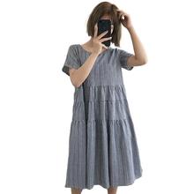 外贸女士夏季格子中长款大码短袖连衣裙女装XX0130