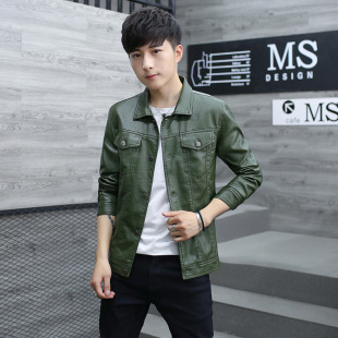 Autumn Velvet Jacket Pu Leather Jacket Men's Spring Thin Slim Korean Style Mature Machine Leather Pu Jacket Casual and Versatile