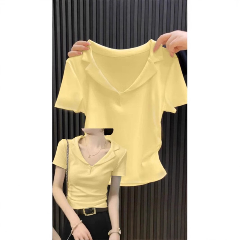 Dopamine Milk Yellow Polo Shirt Shoulder Short-sleeved T-shirt 2025 New Slim-fit Waist Chic Short Top for Women