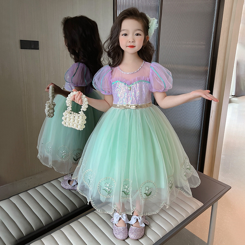 Girls Dress 2025 Summer New Children's Mesh Princess Dress Kindergarten Baby Short Sleeve Sweet Western Dress