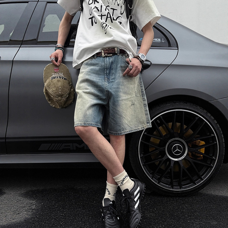 Factory Direct Supply American Retro Washed Distressed Ripped Denim Shorts for Men, Summer Loose Straight Mid-Length Shorts Trendy