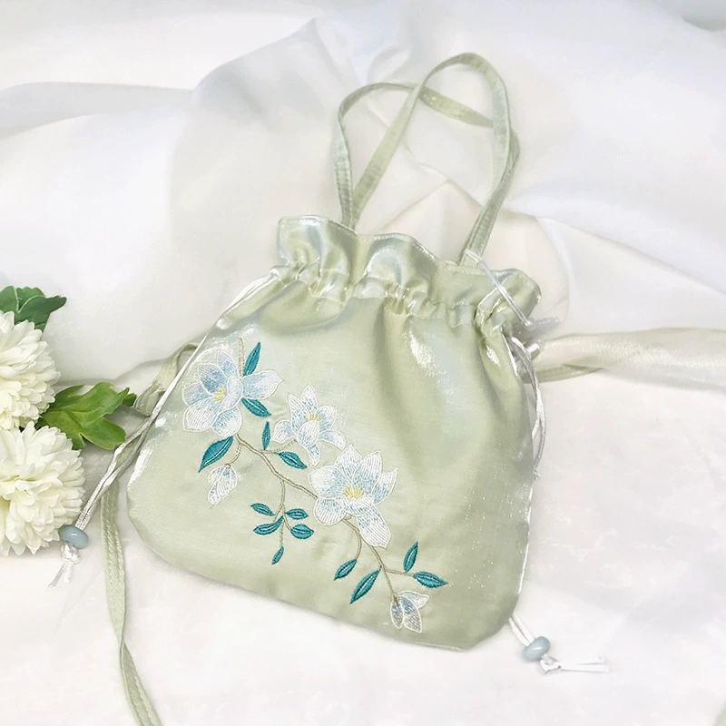 Handheld Hanfu Drawstring Bag, Embroidered Tassels, 22×22 cm, Handmade Accessory