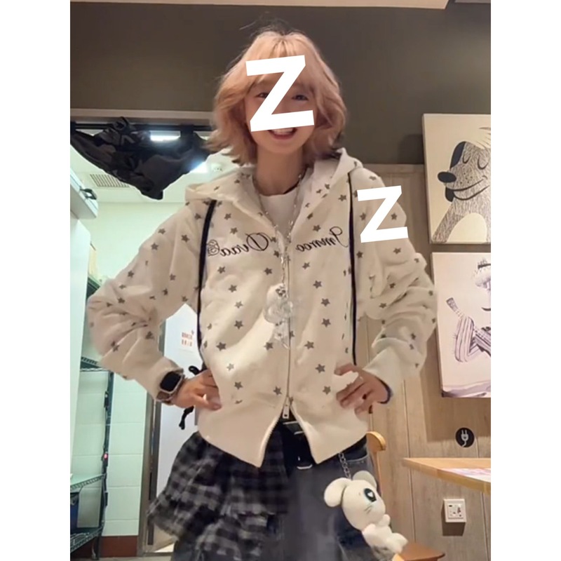 美式复古字母星星满印拉链卫衣女春秋宽松开衫连帽松弛感休闲外套|undefined