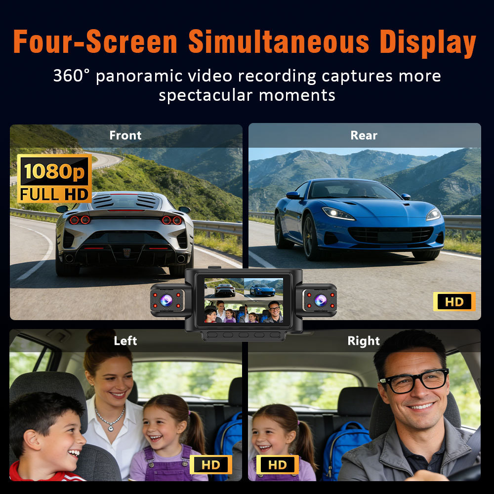 Cross-Border Hot-Selling 1080P High-Definition Dash Cam with Four Lenses, Wifi, 3inch Screens for Simultaneous Recording and Display of Reversing Images