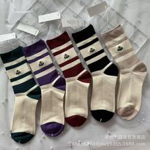 日单西太后土星刺绣撞色条纹中筒羊绒袜子时尚女士拼接双针堆堆袜