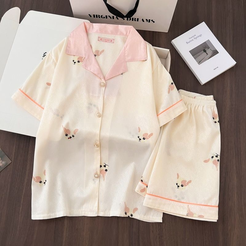 Al por mayor transfronterizo nuevo pijama de verano de alta calidad de seda de hielo twill pantalones cortos de mangas cortas set collar explosión