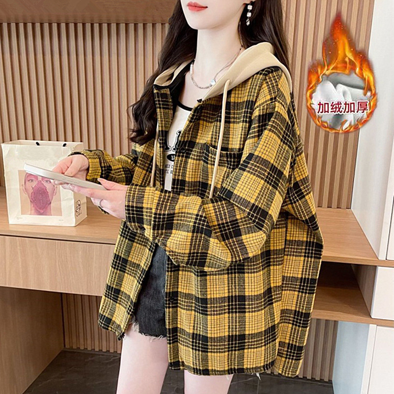 Winter fleece-lined Thickened Plaid Hooded Long-sleeved Shirt Women's Korean-style Midi Loose Retro Shirt Cardigan Jacket Winter fleece-lined Thickened Plaid Hooded Long-sleeved Shirt Women's Korean-style Midi Loose Retro Shirt Cardigan Jacket