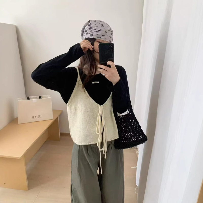 Korean-Style New Lace-Up Layered Wool Blend Knit Camisole for Women in Dopamine Color Series, Suitable as an Outerwear Top
