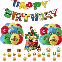 クロスボーダーマリオテーマ誕生日パーティーセットマリオラフラグバルーンフラグケーキインサート背景装飾