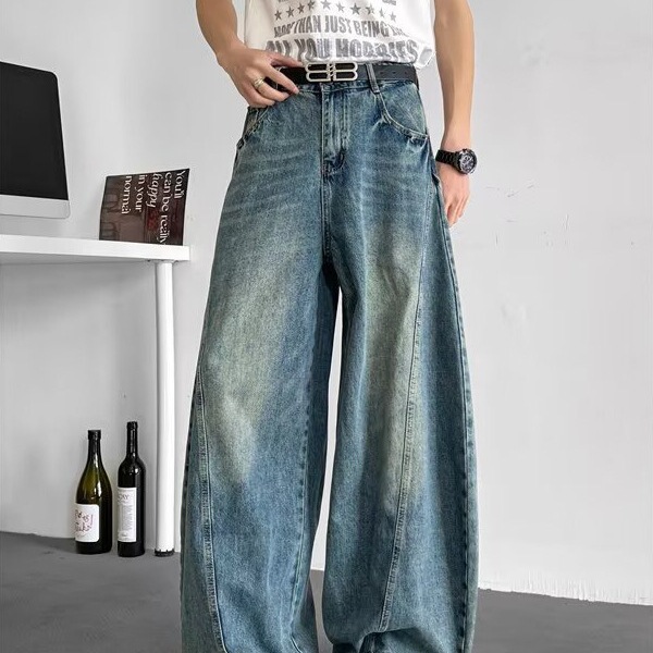 Loose Wide-leg Pants American Vintage Washing Water Denim Machete Pants Men's Trendy Crane Pants Deconstruction Split Stitching Sickle
