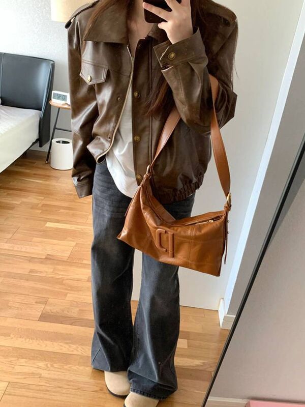 咖色PU皮衣外套女春秋新款美拉德爆款高级感休闲百搭气质夹克上衣|undefined