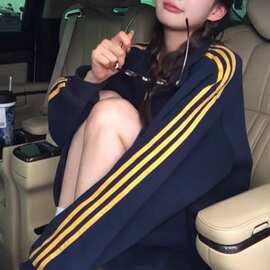 橘子树在那儿美式复古三杠卫衣外套女春秋季宽松休闲撞色拉链开衫