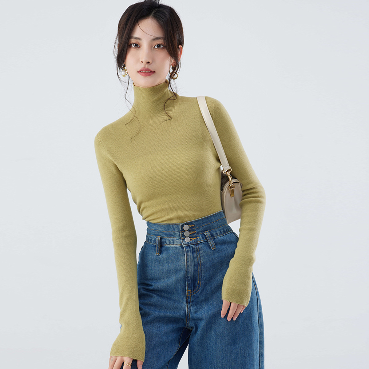 洗濯機で洗えるシームレス18針精編ニットベースレイヤー100%ピュアファインウールセーター女性用秋冬ハイネックセーター