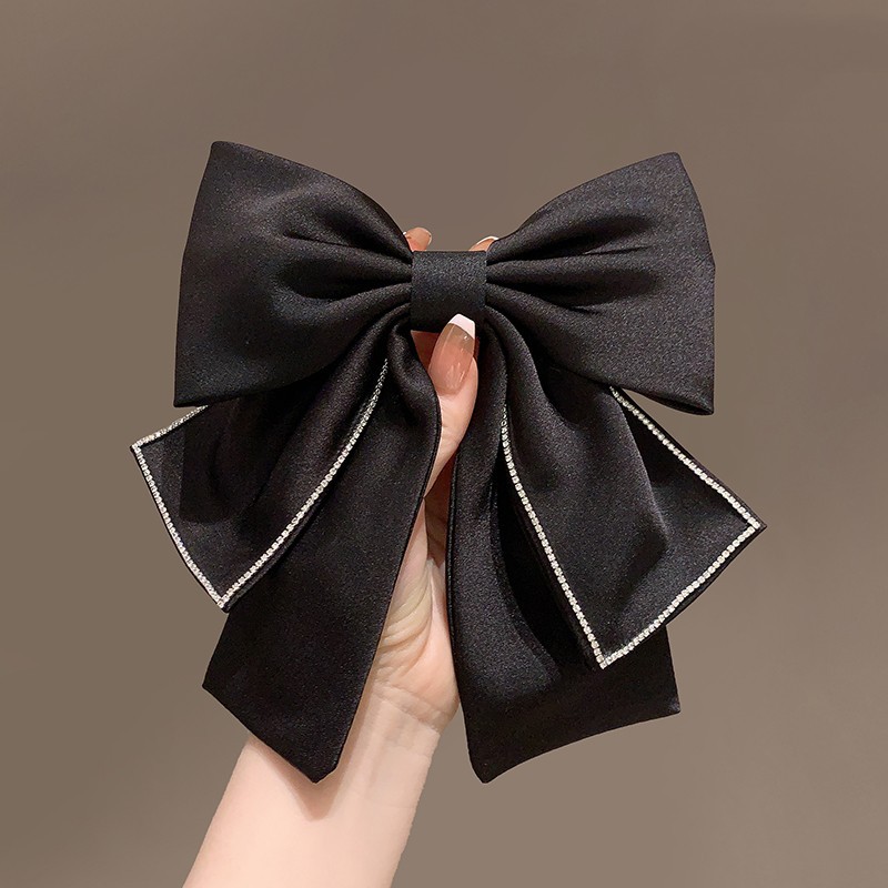 Elegant satin bow hair clip with diamond embellishments, back of head spring clip, stylish French retro hair accessory for women
