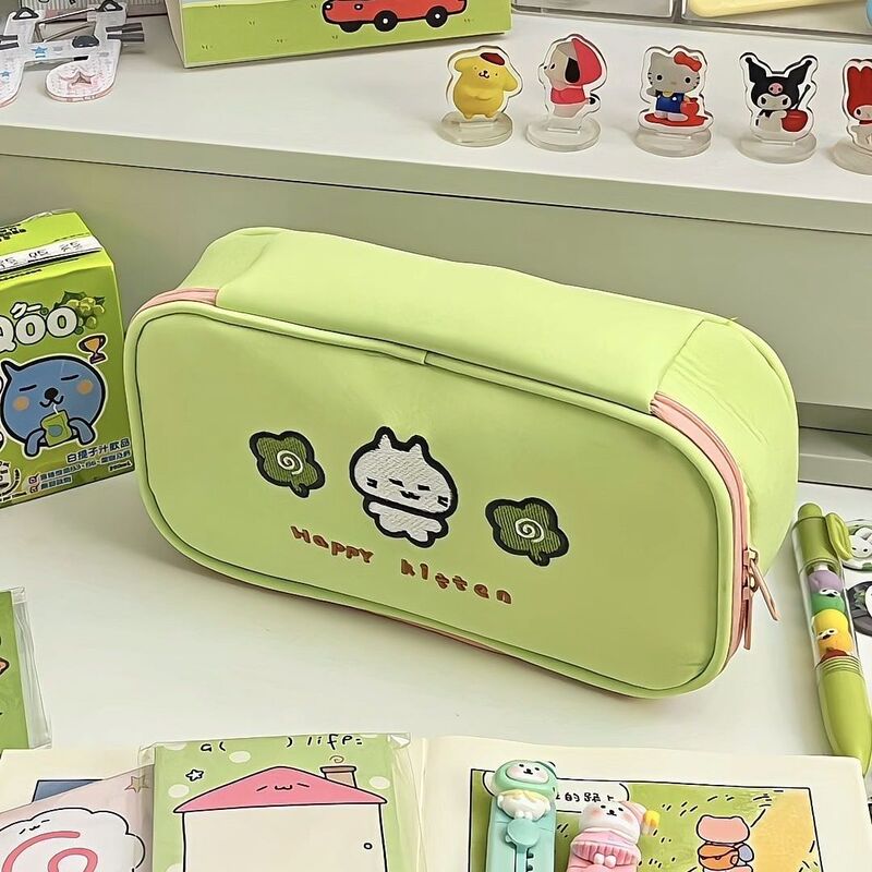 かわいい四つ葉のクローバーの子猫刺繍鉛筆バッグイン高価値大容量多機能文具箱小中学生用|undefined