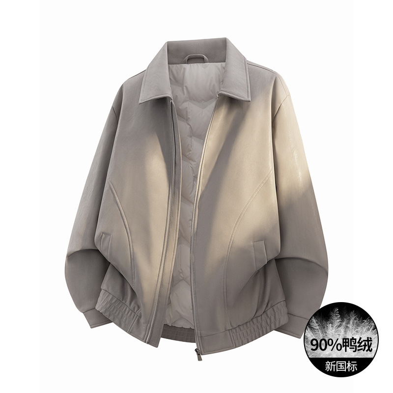 90% white duck down, PU leather, men's winter down jacket, customizable with a logo, loose fit, with a stand-up collar, and designed for cold weather 90% white duck down, PU leather, men's winter down jacket, customizable with a logo, loose fit, with a stand-up collar, and designed for cold weather