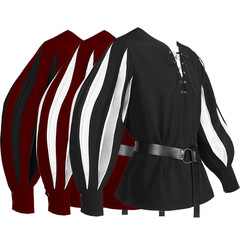 亞馬遜wish歐美復古中世紀話劇演出服 拼色綁帶領襯衫cosplay上衣