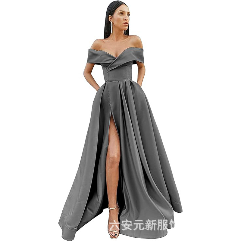 Amazon Comercio exterior fuera del hombro prom vestido de noche largo split sexy Fiesta de las mujeres vestido de banquete