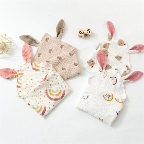 Newborn Baby Rabbit Ear Soothing Towel Cotton Gauze Baby Sleep Blanket Pure Cotton Printed Double-layer Drool Cloth Square Towel