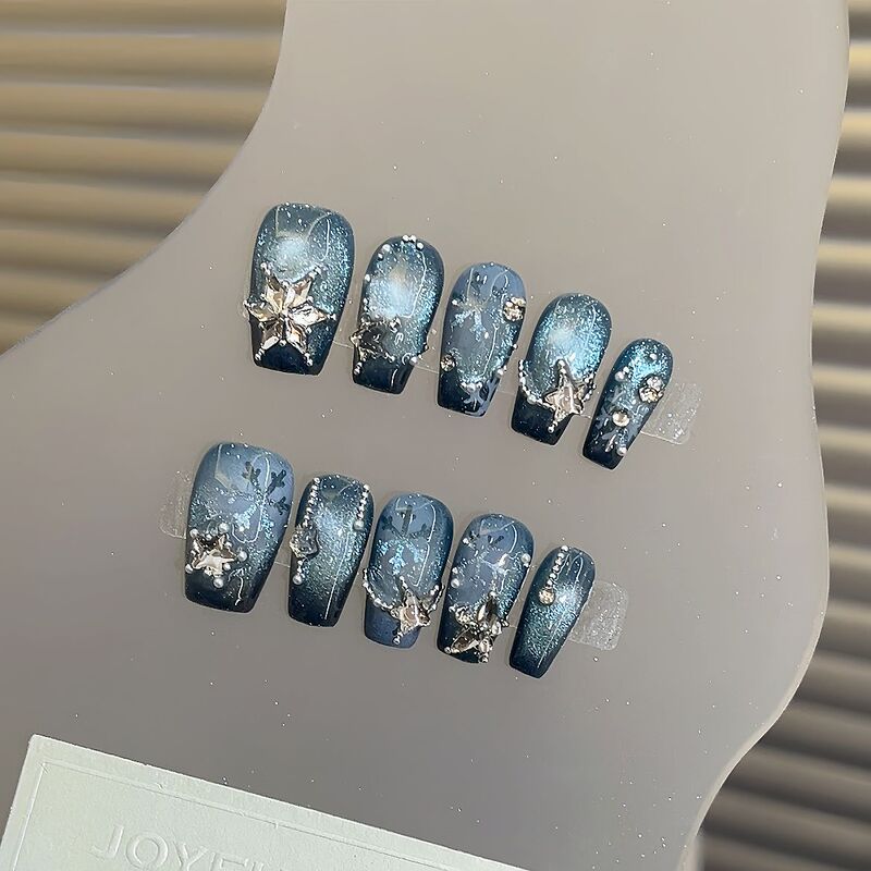 Handmade Wearable Nail Art Blue Ice and Snow Christmas Cat Eye Shiny Luxurious Snowflake Pure Desire Gentle Hot Girl Removable Nail Stickers