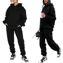 2024秋冬新款欧美纯色长袖连帽加绒卫衣女装时尚休闲长裤套装套暖