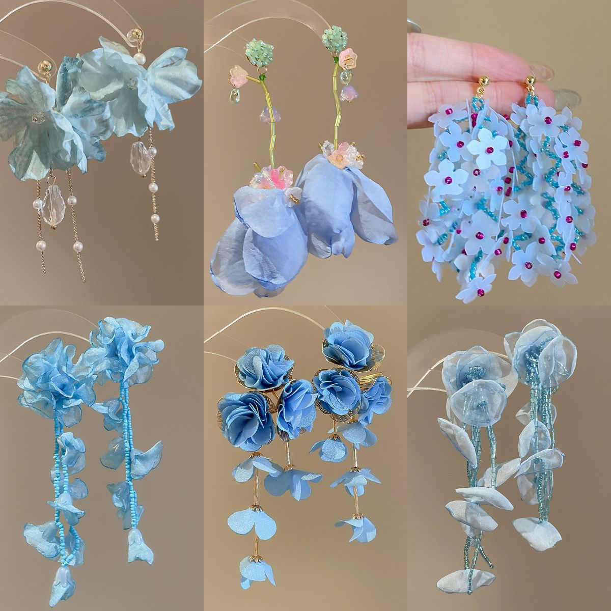 Pendientes de borla de cuentas de arroz de flor de gasa de aguja de plata Pendientes de todo fósforo de estilo de vacaciones Pendientes frescos y dulces para mujer