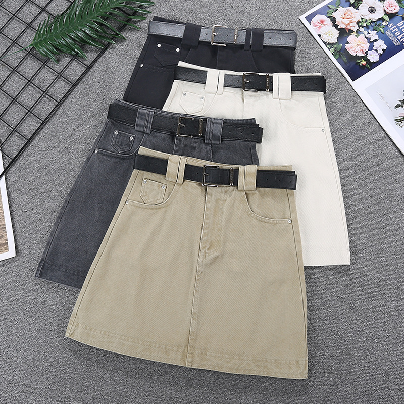 送腰带~韩版高腰牛仔短裙休闲女装百搭卡其色包臀牛仔裙批发9040