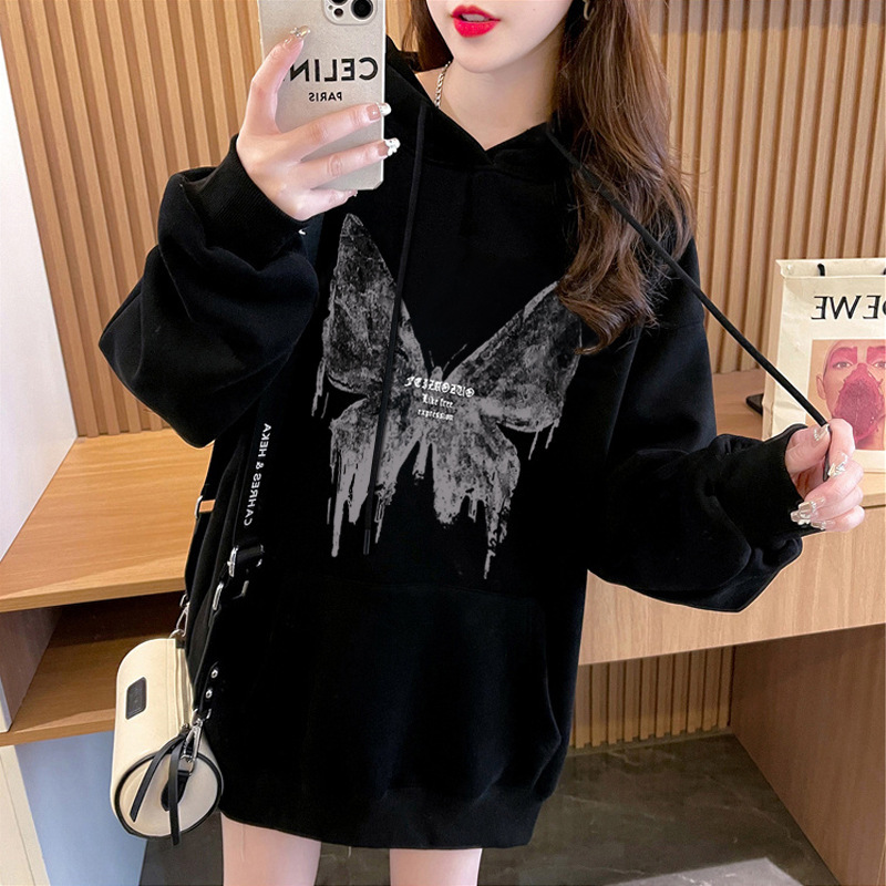 Retro Harajuku style butterfly print hooded sweater women's loose black chic bottoming shirt temperament slimming top fashion