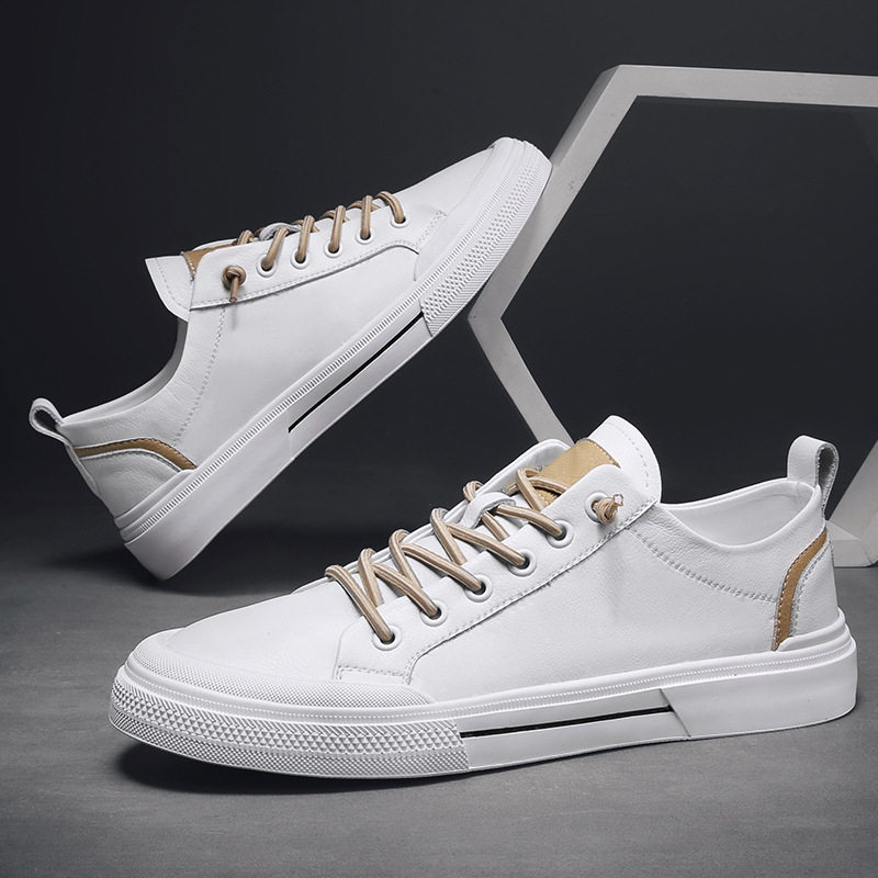 Giày sneaker nam da lì phối chỉ may, đế bằng thấp, phong cách thường ngày — 21506 màu đen, 5025 màu trắng, 5025 màu đen, Màu trắng 21506