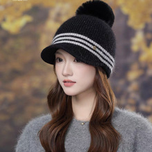 女韩版兔毛加绒条纹鸭舌棒球帽秋冬季新款毛球针织帽子保暖毛线帽