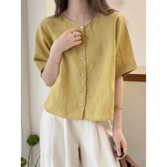 フレンチルーズスリムシングルブレストシャツ無地シンプルニッチデザイントップ夏気質TシャツA4262