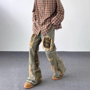 High Street Jeans Men's and Women's cleanfit Vintage Washed Old Ripped Camouflage Stitching Design Micro-Lar Trousers