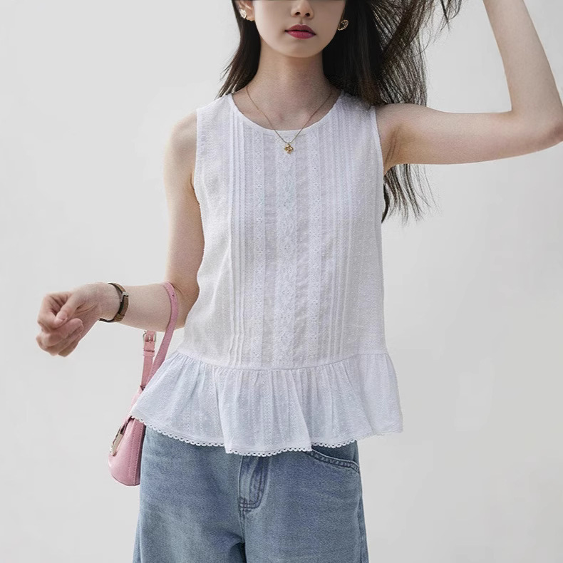 Lightweight Lace Sleeveless Vest Shirt Women's New Summer Loose Round Neck Top White Cotton Pullover Style