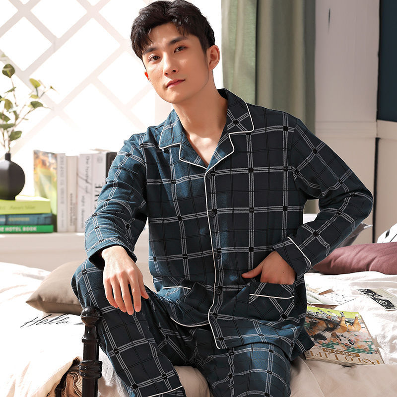 Pijamas de los hombres de primavera y otoño 100% algodón de manga larga de los hombres de desgaste del hogar de los hombres de otoño e invierno más traje de tamaño