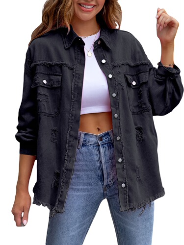 1pc Women's Casual Faux Denim Jacket Midi Length Frayed Cross-border
