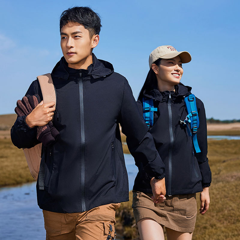 Primavera y otoño collar de pie con capucha chaqueta de una sola capa a prueba de viento impermeable ropa de trabajo al aire libre logotipo personalizado Grupo chaqueta de hombres y mujeres