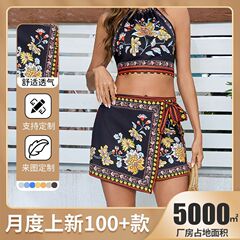 欧美海边度假成人女装时尚气质民族风挂脖吊带露背上衣&裙裤套装