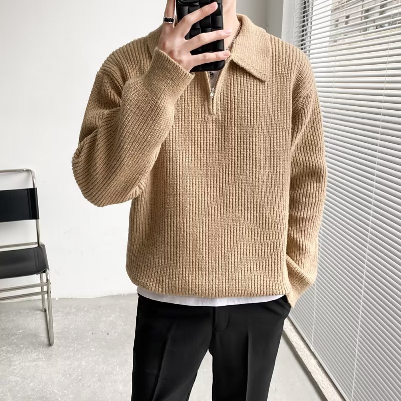 Retro coreano chic otoño e invierno estilo perezoso cuello POLO hilo suelto casual suéter de punto de manga larga para hombre