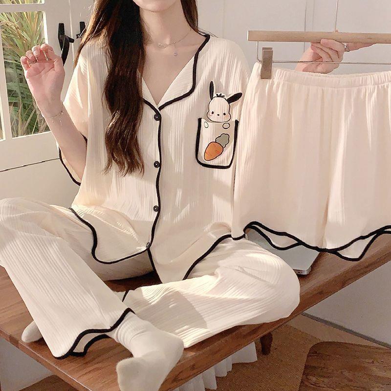 ins Style Pajamas Women's Summer Short-sleeved Cartoon Parchal Dog Loose Dormitory Summer Outwear Three-piece Set