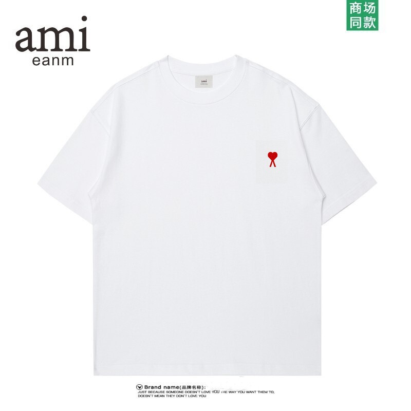 Ami Youth Loose Cotton Embroidered T-Shirt Short-Sleeved Men's Trendy Brand Round Neck Casual Versatile Street Fashion Youth T-Shirt