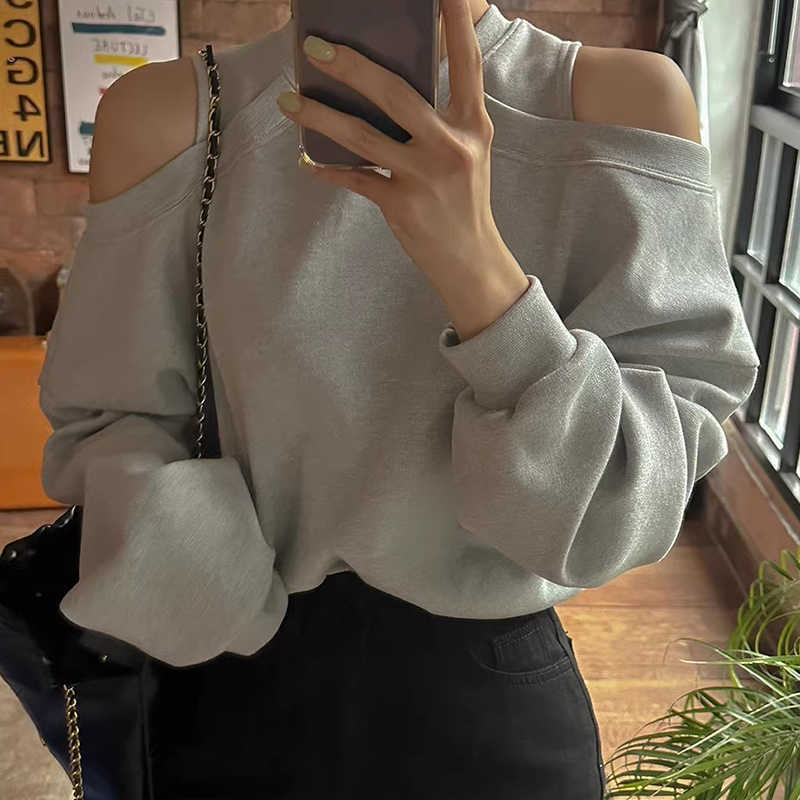 Korean Chic Autum Niche Design Round Neck Off-Shoulder Loose Casual Versatile Long-Sleeved Pure Color Pullover Sweatshirt for Women