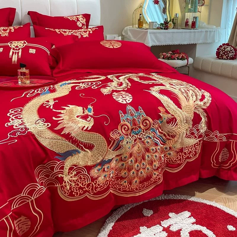 Элитный набор, красный улонг чай Да Хонг Пао, хлопковое пододеяльник, покрывала, китайский стиль, комплект из 4 предметов, дракон и феникс, с вышивкой