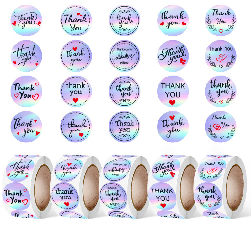 1000PCS,1英寸 卷装彩虹镭射感谢购买商业装饰爱情不干胶贴纸标签